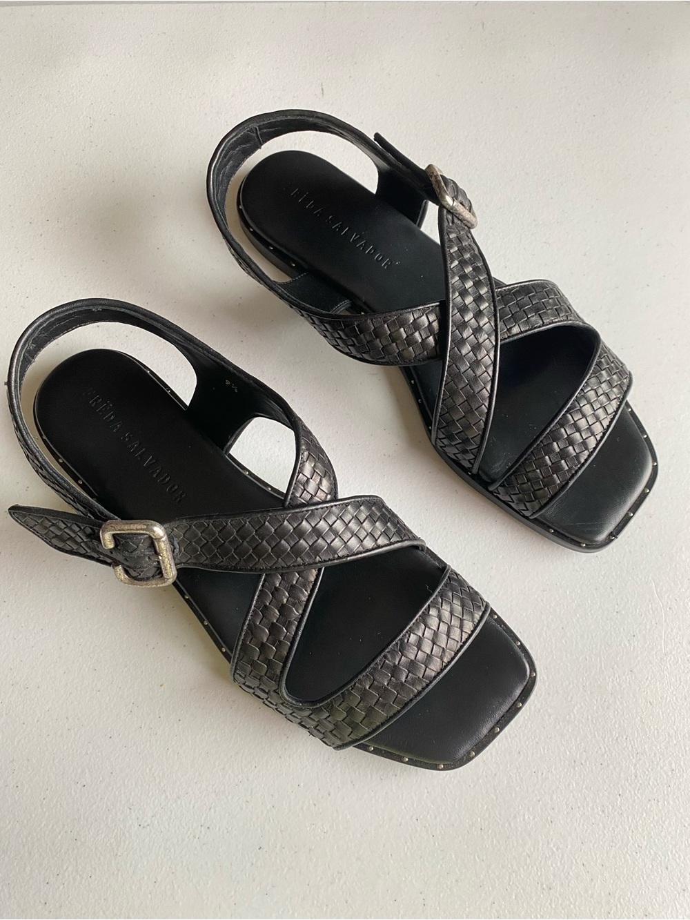 Freda Salvador Size 9.5 Black Leather Woven Buckle Closure Square Toe Sandals